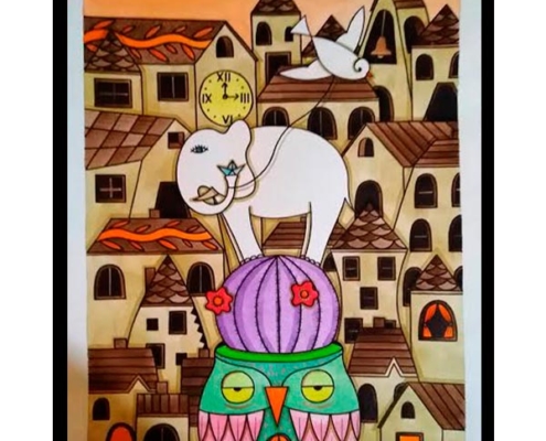Obra, Un búho, un cactus, un elefante y su papalote, del Artista Davide Mantovani