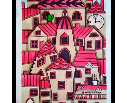 Obra Pueblo Retro en rojo, del Artista Davide Mantovani