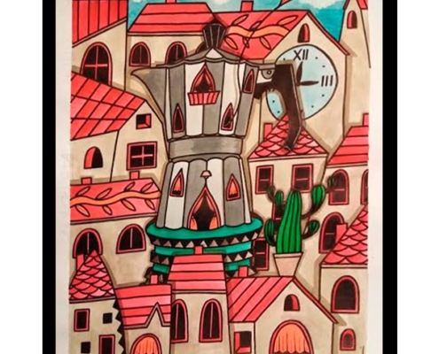 Obra, El Pueblo con antiguo aroma a café, del Artista Davide Mantovani