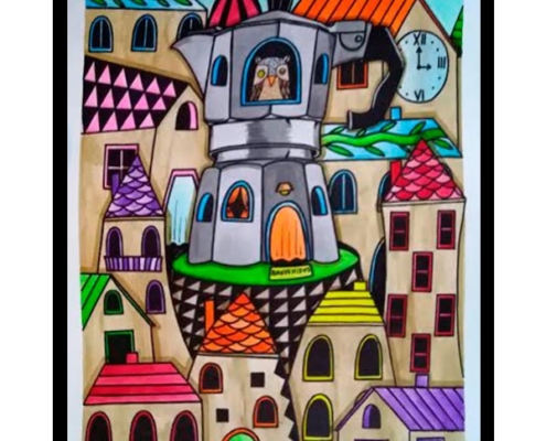 Obra, El Pueblo con aroma a café y un búho del Artista Davide Mantovani
